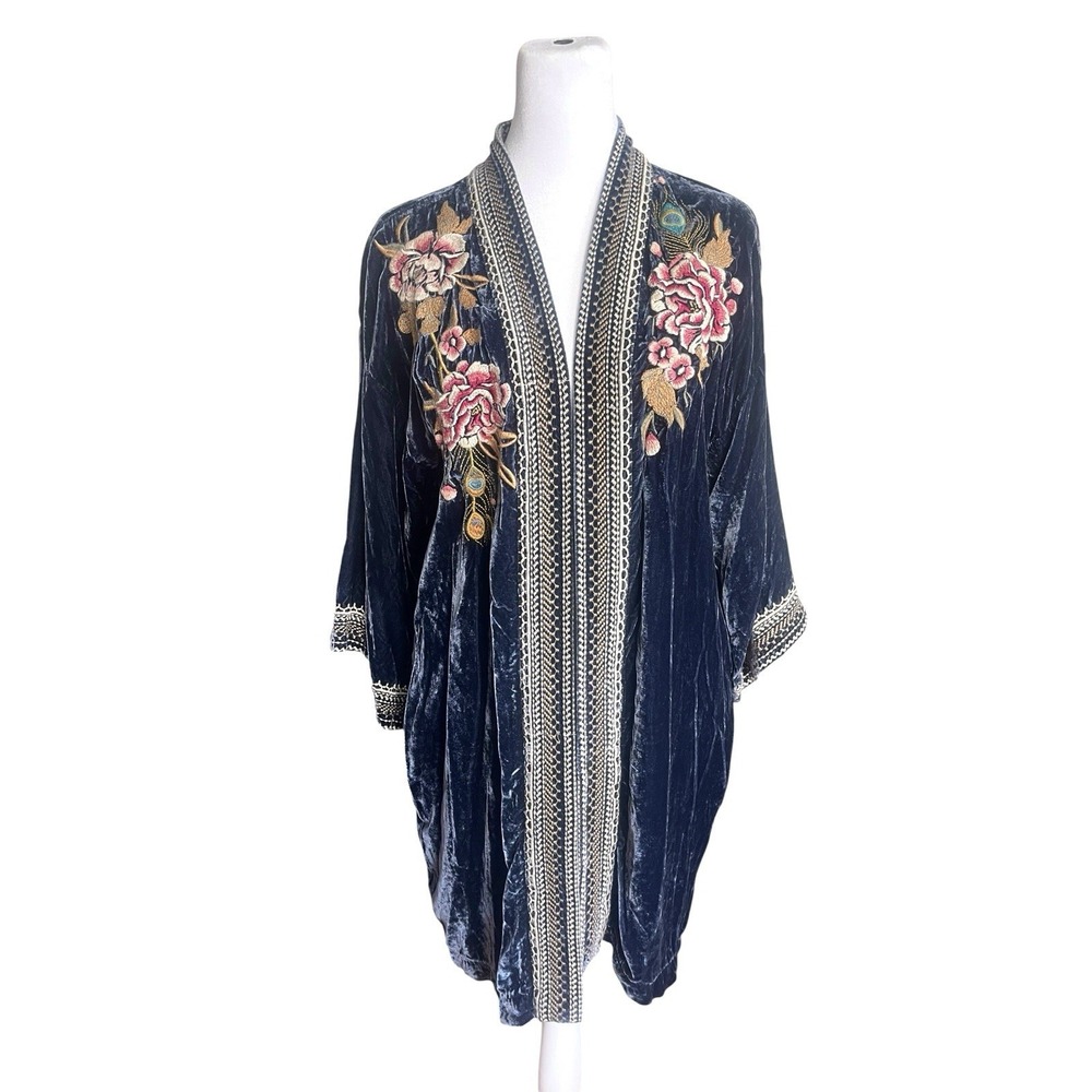 Johnny Was Quito Velvet Silk Navy Blue Kimono Duster Peacock Embroidered Sz S - Picture 8 of 16